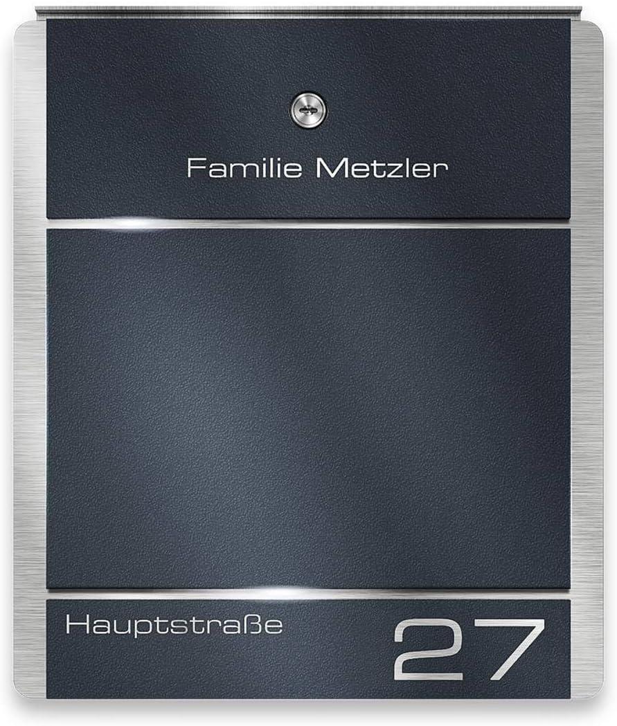 Metzler Briefkasten aus Edelstahl - Briefkasten mit Gravur Beschriftung, Hausnummer &amp; Name - Anthraz