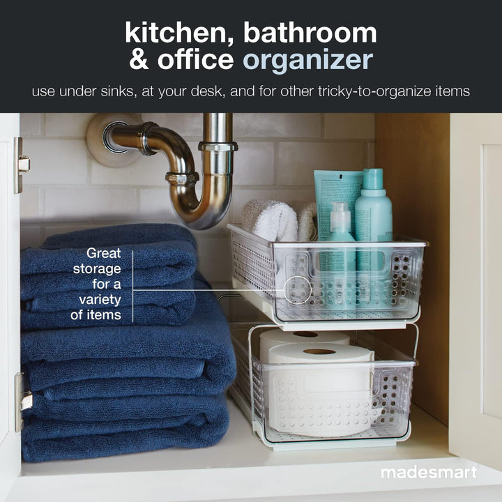 Madesmart 2-Tier Plastic Multipurpose Organizer with Divided Slide-Out Storage Bins, Under Sink and