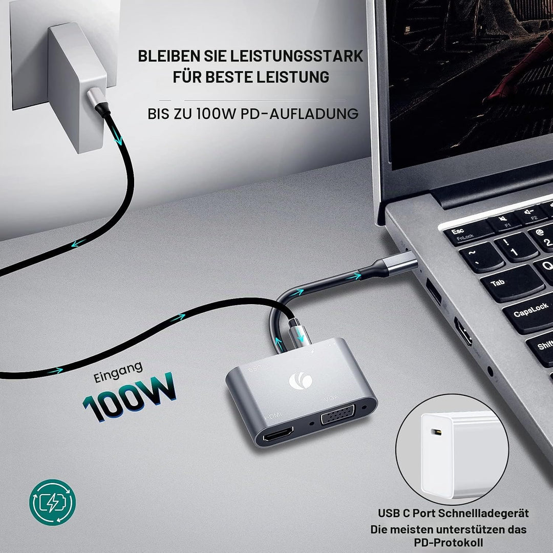 VCOM USB C zu HDMI VAG Adapter, 5-in-1 Typ C Hub mit 4K HDMI, 1080P VGA, 100W PD -Aufladung, USB 3.0