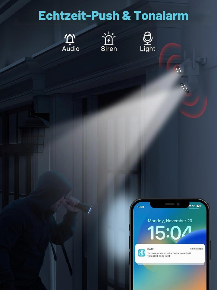 Reobiux 3K Überwachungskamera Aussen mit Doppelobjektiv, PTZ Outdoor WLAN IP Kamera Überwachung Auss