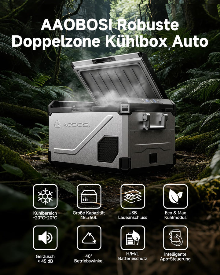 AAOBOSI 45L Kompressor Kühlbox Dual Zone bis -20℃，Edelstahlgehäuse &amp; Aluminium-Innenausstattung，12/2