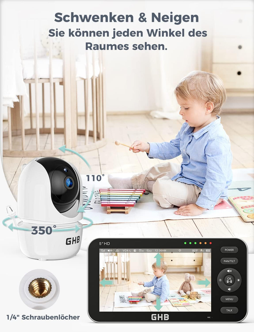 GHB Babyphone mit 2 Kameras 5 Zoll 720P HD IPS-Display Babyphone Kamera VOX-Modus Gegensprechen Nach