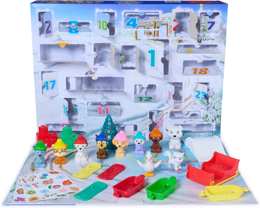 PAW PATROL Adventskalender 2026, ab 3 Jahren | 24 Türchen | 7 Hundefiguren | 6 Schlitten | Verpackun