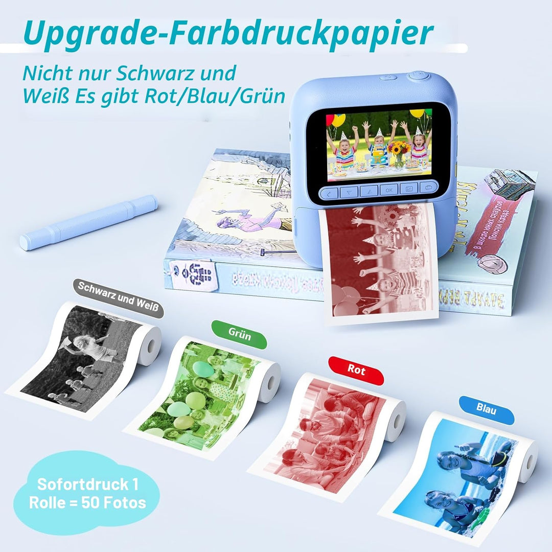 Sofortbildkamera für Kinder,1080P Kinderkamera mit 5 Rollen Druckpapier,32GB-Karte und Farbstiften,T