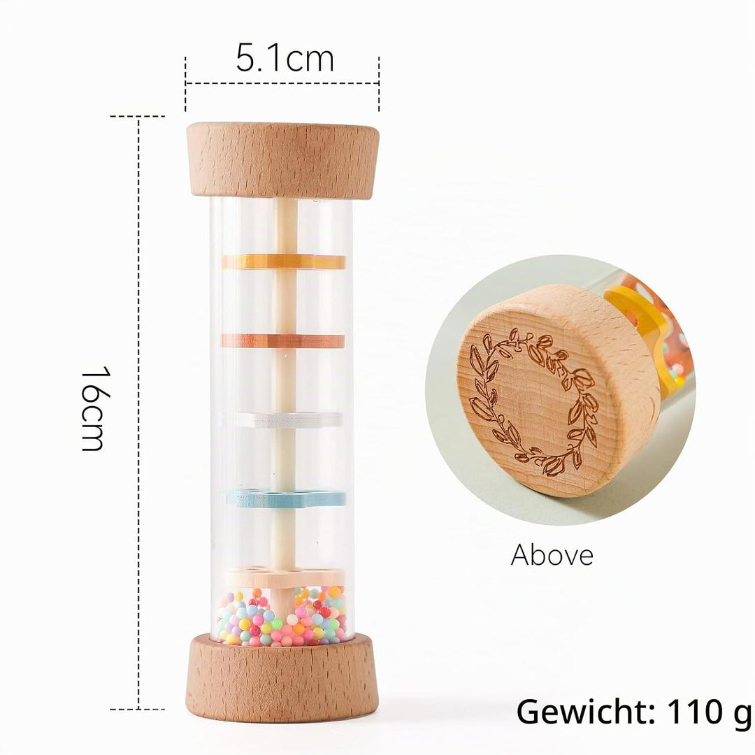 WOODEN TEETHER Regenmacher Rassel Baby – Holz Musikspielzeug mit Beruhigendem Regenklang, Sensorisch