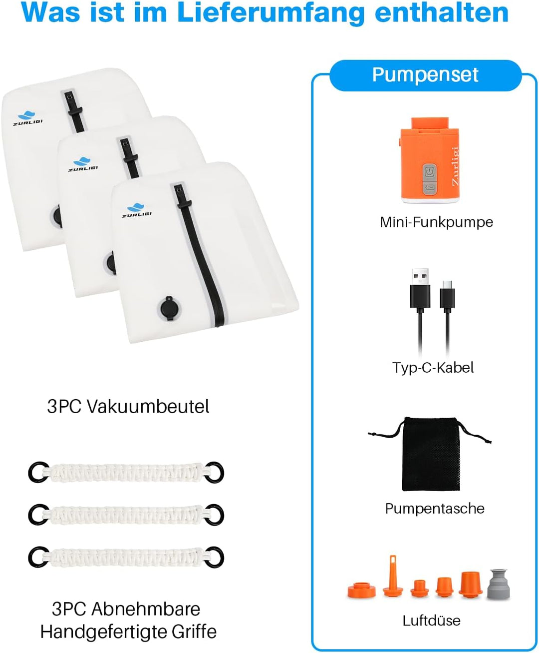 Zurligi Vakuumbeutel Reise Set mit Pumpe, wiederverwendbar, reissfestes Nylon, wasserdichter Vakuum-