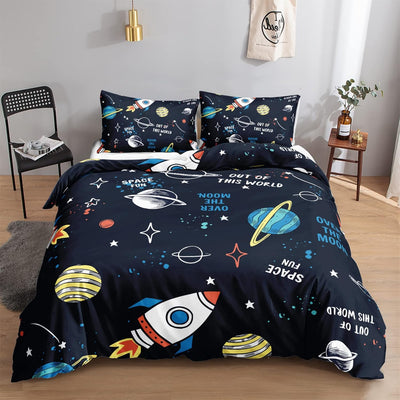 HOSIMA Universum Planet Rakete Bettwäsche 135x200 für Kinder, Jungen Teenager Bettbezug-Set für Einz