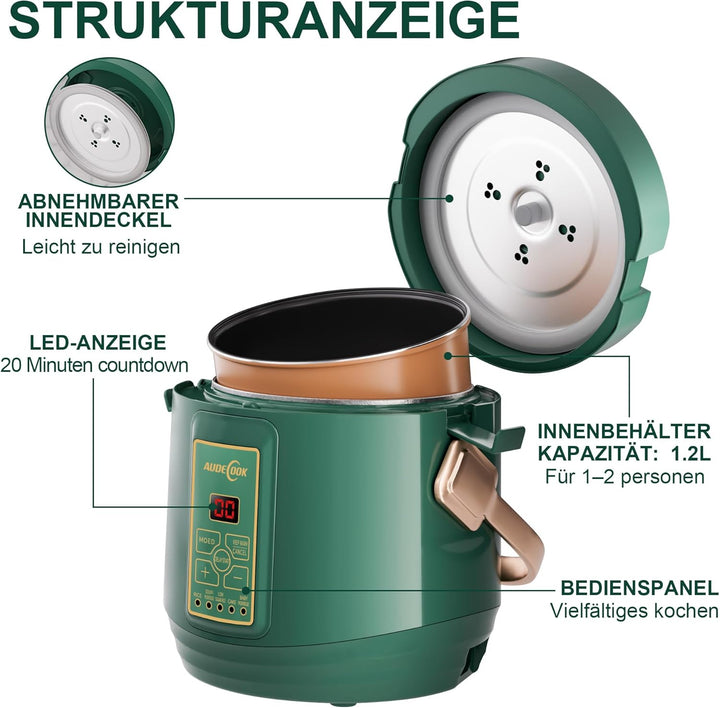 Audecook Reiskocher klein 1.2 L mit Low Sugar Funktion Für 1-2 Personen Multikocher mit 7 Programme