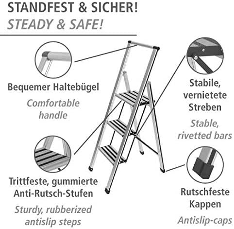 WENKO Leichte Aluminium Trittleiter mit 3 Stufen für 75 cm höheren Stand, rutschsichere XXL-Stufen,