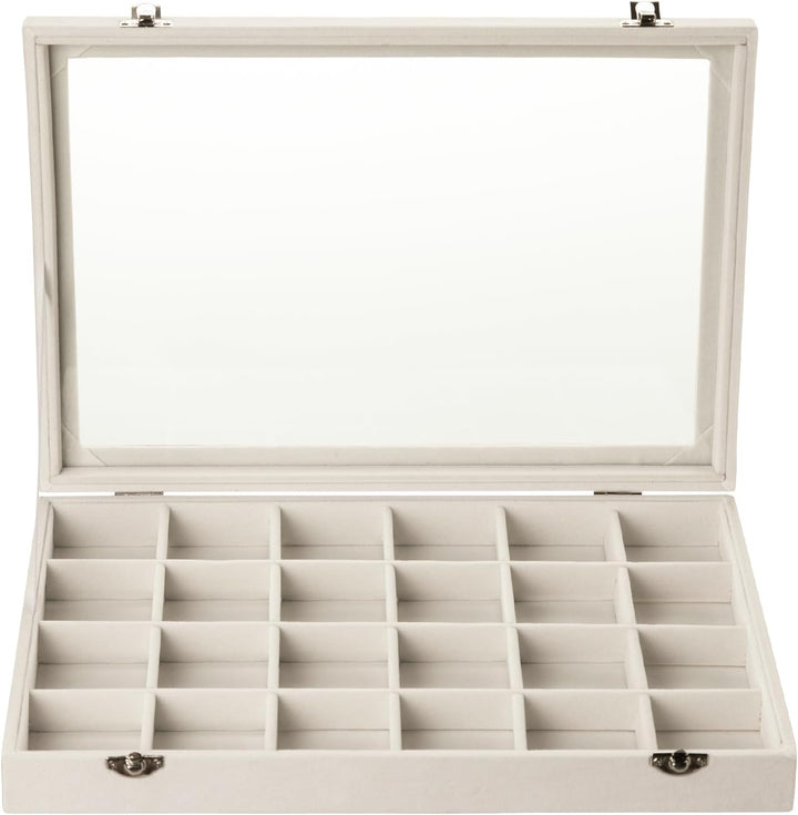 Frebeauty Samt Schmucktablett 24 Gitter Schmuck Organizer mit durchsichtigem Deckel Ohrring Organize
