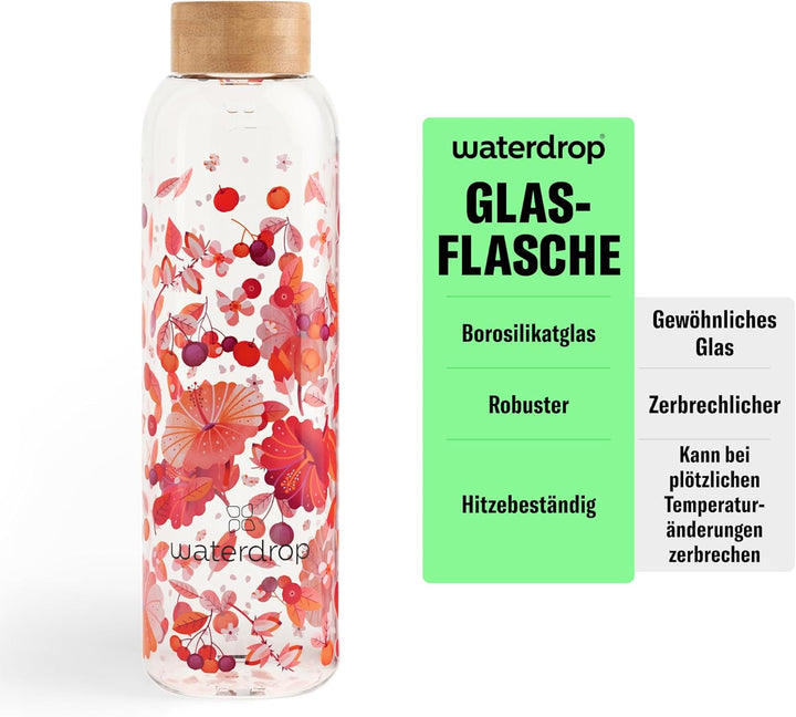 waterdrop® Edition Glass Bottle 600ml Trinkflasche Glas auslaufsicher, Kohlensäure geeignet | BPA fr