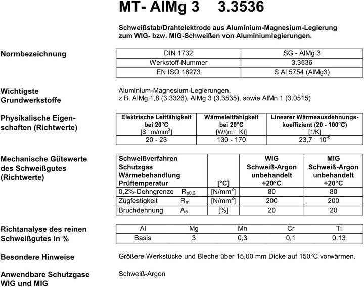MTC MT-AlMg3 3,2 x 1000 mm 1 kg Wigstäbe/Schweissstab Aluminium Draht 3.3536 Schweissen (1) 1.0 Kilo