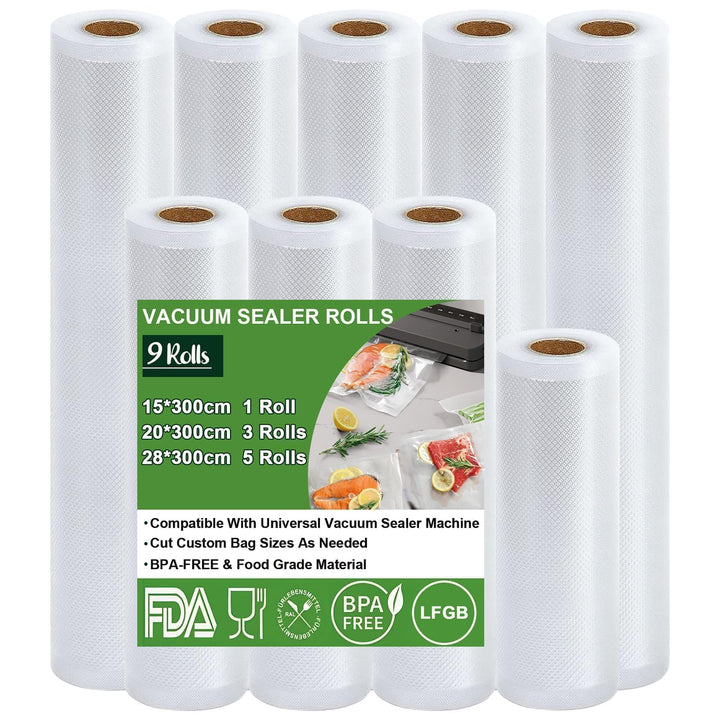 Omtofo Vakuumierbeutel 9 Rollen Vakuumierfolie, Vakuumbeutel Lebensmittel 28/20/15 x 300cm, BPA-frei