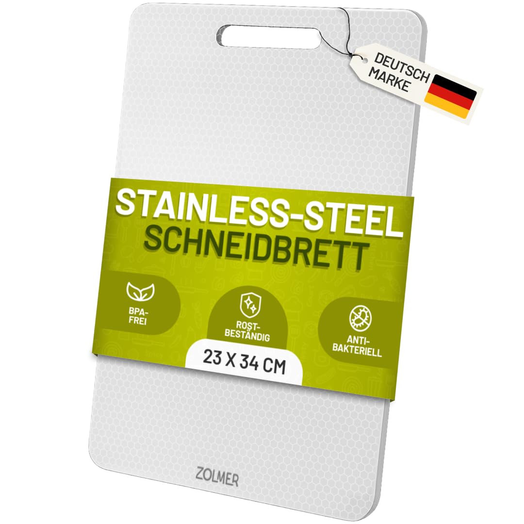 Edelstahl Schneidebrett 34×23 cm – Leicht & antibakteriell, Metall Schneidebrett mit Anti-Scratch-Mu