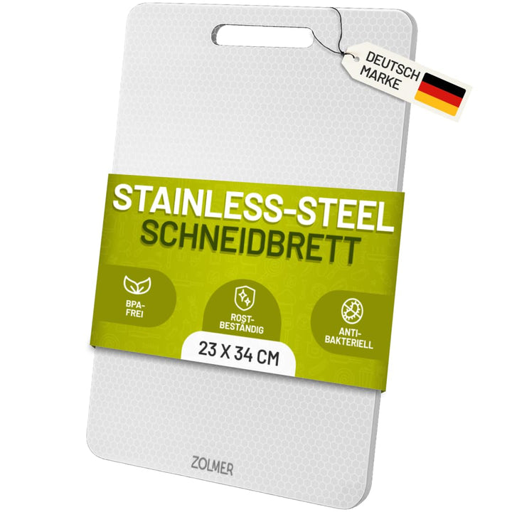 Edelstahl Schneidebrett 34×23 cm – Leicht & antibakteriell, Metall Schneidebrett mit Anti-Scratch-Mu
