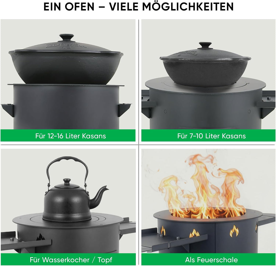 Gusseisen Kazan 16L mit Utschak Feuerofen Ø 44cm | Kasan-Set Runder Boden Deckel | Учаг Feuerschale