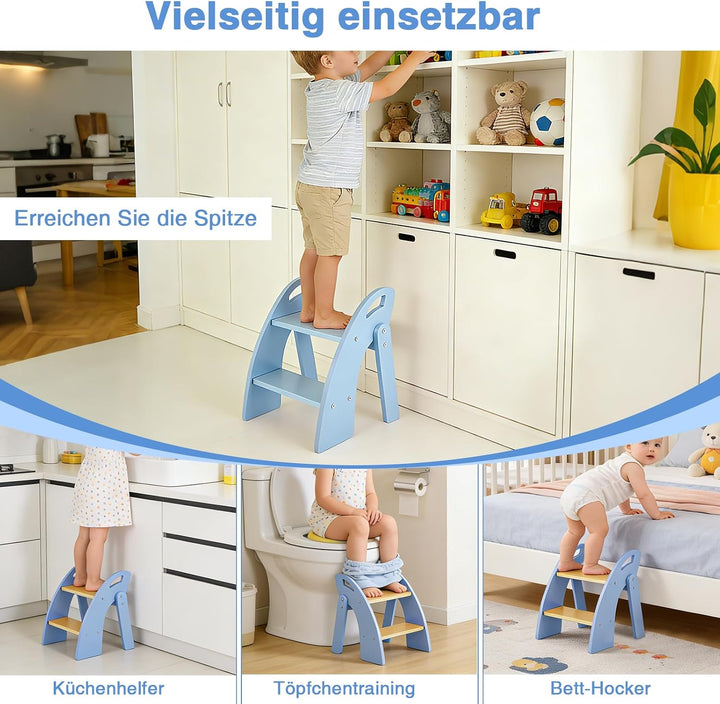 Tritthocker Kinder 2 Stufen, Trittleiter Klappbar Holz mit Griff, Tragfähigkeit bis zu 135KG, Tritts