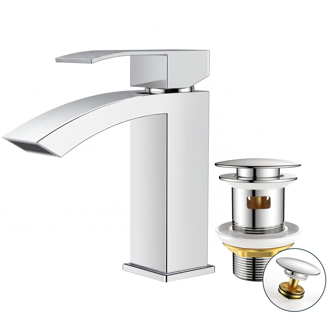 FORIOUS Wasserhahn Bad mit Ablaufgarnitur, Wasserfall Waschtischarmatur mit Auslauf Höhe 100 mm, Mis