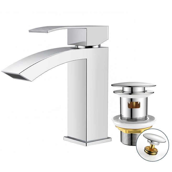 FORIOUS Wasserhahn Bad mit Ablaufgarnitur, Wasserfall Waschtischarmatur mit Auslauf Höhe 100 mm, Mis