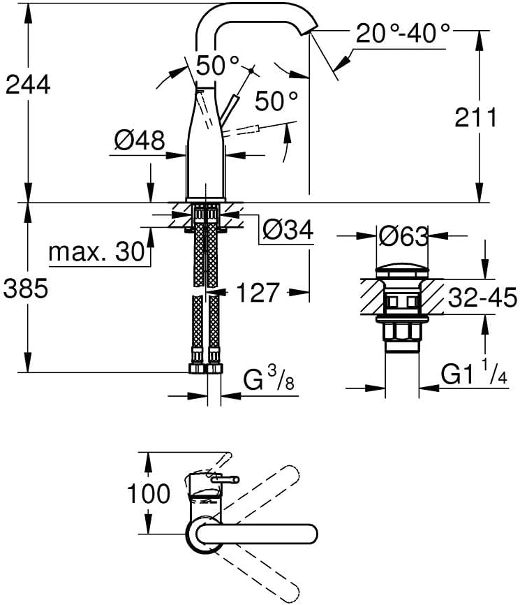GROHE Essence - Einhand-Waschtischarmatur (wassersparend, Temperaturbegrenzer, L-Size), chrom, 23799