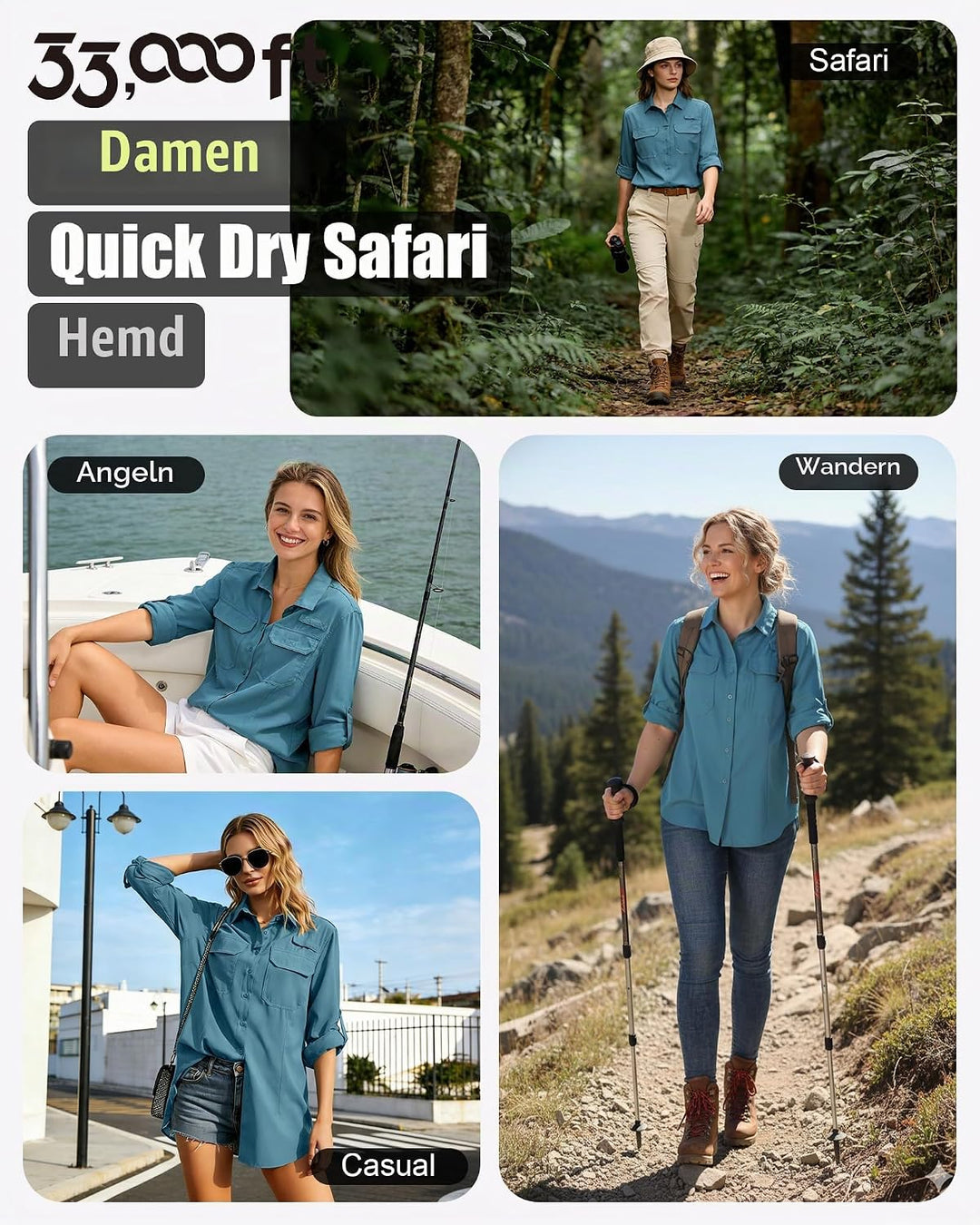 33,000ft Hemdbluse Damen UPF50 UV Schutz Hemd Schnelltrocknende Button-Down Shirts Atmungsaktive Wan