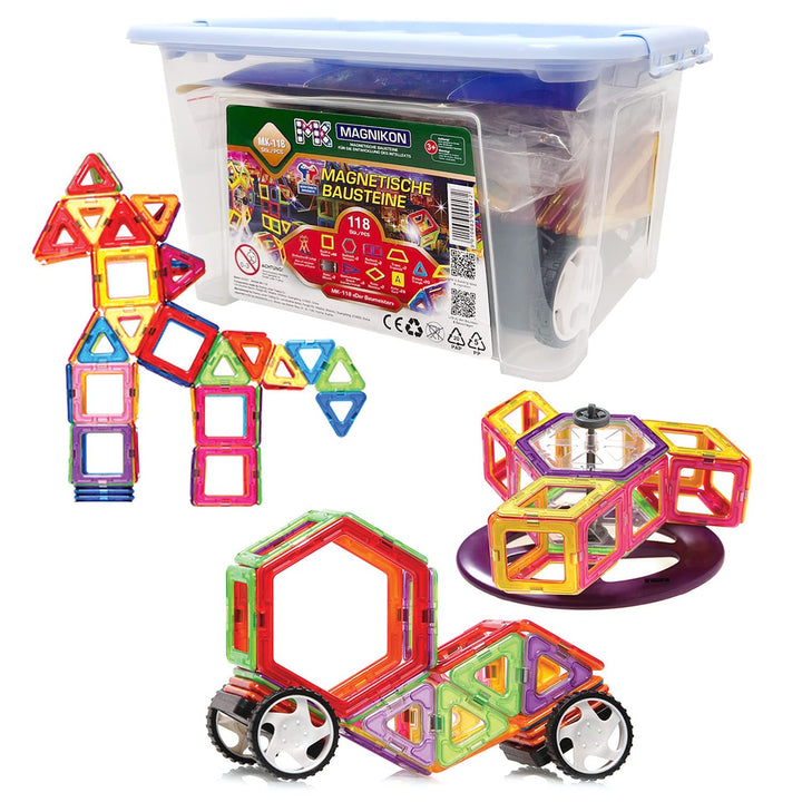 MAGNIKON Magnetische Bausteine Der Baumeister, Magnetbau-Set 118-teilig - Montessori Spielzeug ab 3
