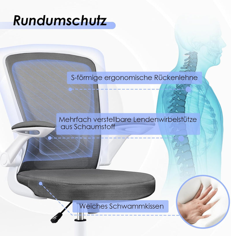 KERDOM Bürostuhl, Ergonomischer Schreibtischstuhl mit Klappbaren Armlehnen, 360° Drehstuhl Mesh Comp