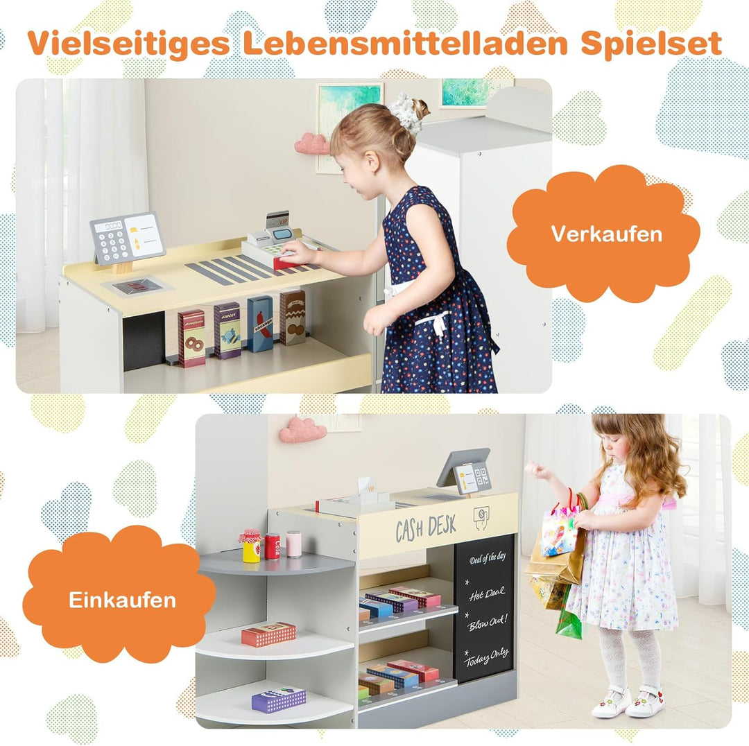 COSTWAY Kinder Kaufladen, Kaufmannsladen aus Holz mit Seitentheke, Supermarkt-Set mit Kasse, POS-Mas