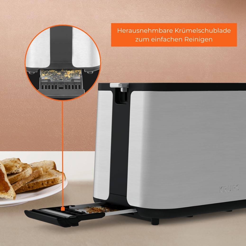 Krups KH442D Control Line Premium Toaster | Edelstahl | 2 kurze Schlitze für 2 Scheiben | Brötchenau