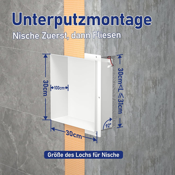 Wandnische Dusche Edelstahl, wasserdichte Nische mit LED-Licht, Eingebettete Duschnische 30x30x10cm,