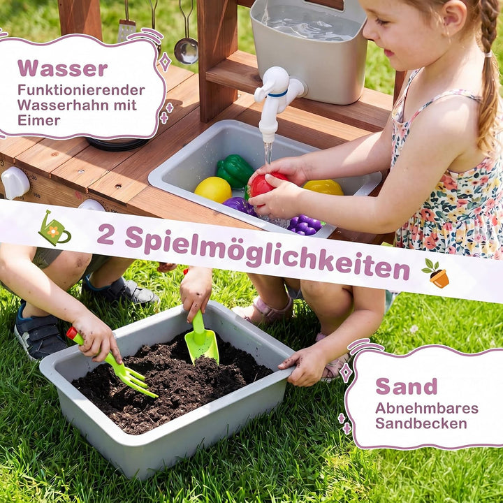 COSTWAY Matschküche Kinder Outdoor, Spielküche mit Wassertank &amp; Wasserhahn | Kinderküche mit Pflanzk
