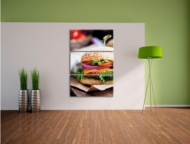 Pixxprint Burger und Pommes als Leinwandbild/Grösse: 3 Teilig (120x80) cm/Wandbild/Kunstdruck/fertig