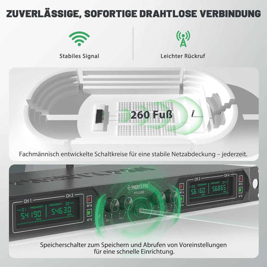 Phenyx Pro Mikrofon kabellos,4-Kanal Karaoke Mikrofon,Kabelloses Festfrequenz-Metall-Funkmikrofon mi