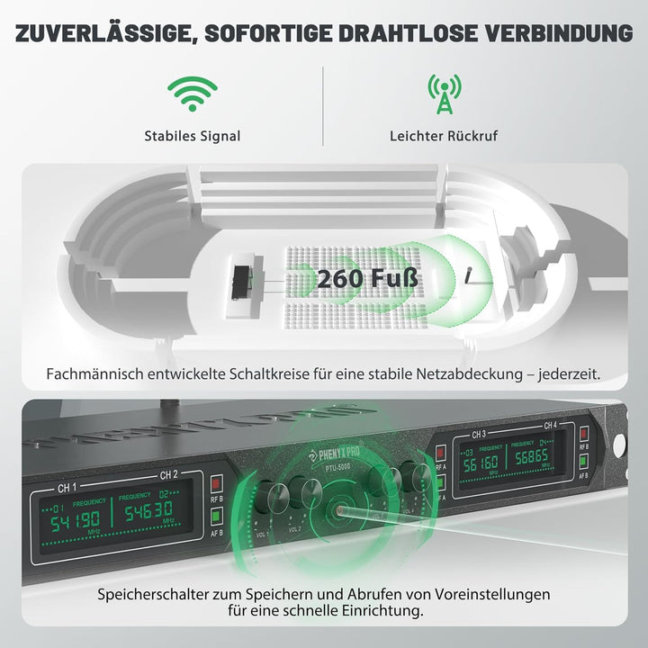 Phenyx Pro Mikrofon kabellos,4-Kanal Karaoke Mikrofon,Kabelloses Festfrequenz-Metall-Funkmikrofon mi