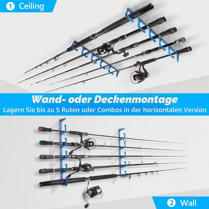 PLUSINNO H5 Horizontal Fishing Rod Holder, Fishing Rod Holder for Garage, Wall or Ceiling Mounting,