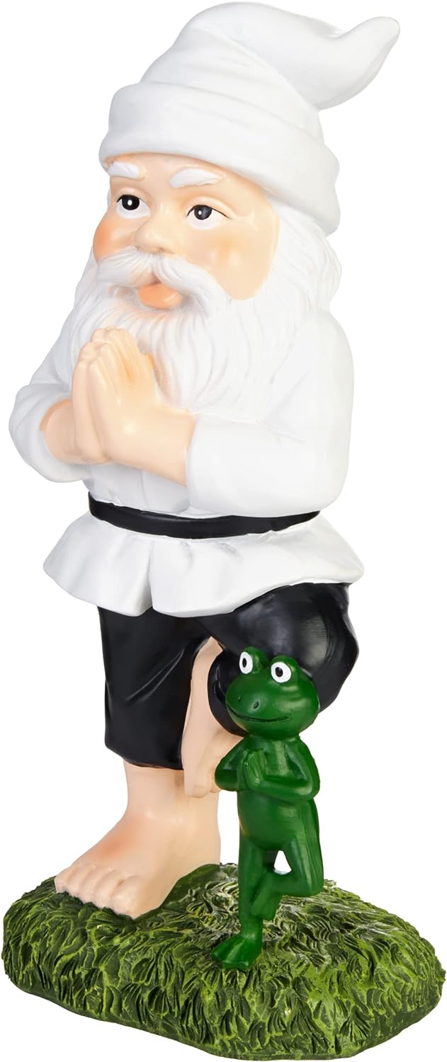 BRUBAKER Gartenzwerg Yoga Übung Baum Zwerg mit Frosch - Gartenfigur Sport Figur Vrksasana - Zen Deko