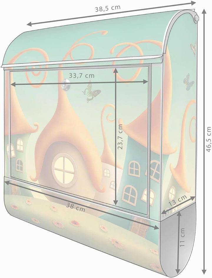 banjado® Design Briefkasten mit Motiv Zwergenhausen 39x47x14cm &amp; 2 Schlüssel - Briefkasten Stahl Sil