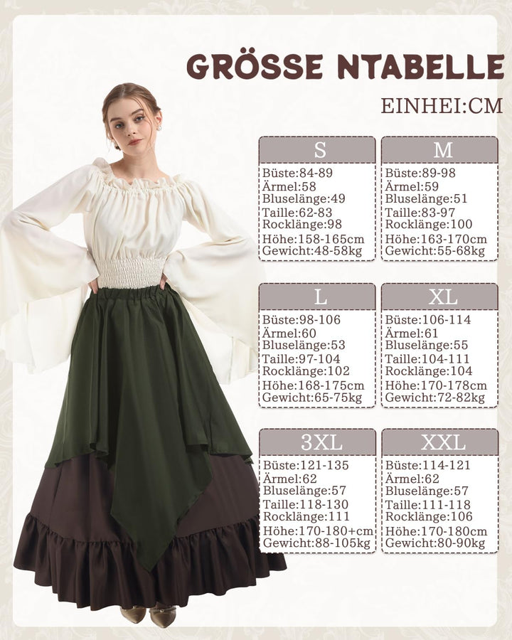 Renaissance Kleid Damen Mittelalter Kleidung Kostüme Fasching Set, Grün+braun S