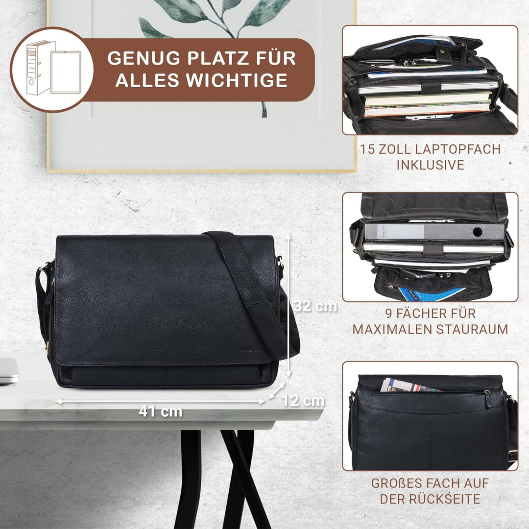 STILORD 'Tom' Vintage Leder Umhängetasche für Studium Uni Büro Arbeit 15 Zoll Laptoptasche DIN A4 Sc