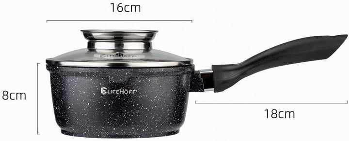 EliteHoff Kochtopf mit Deckel 16cm 1.3L, Induktion Kochtopf Klein, Stieltopf mit langem Griff, Stiel