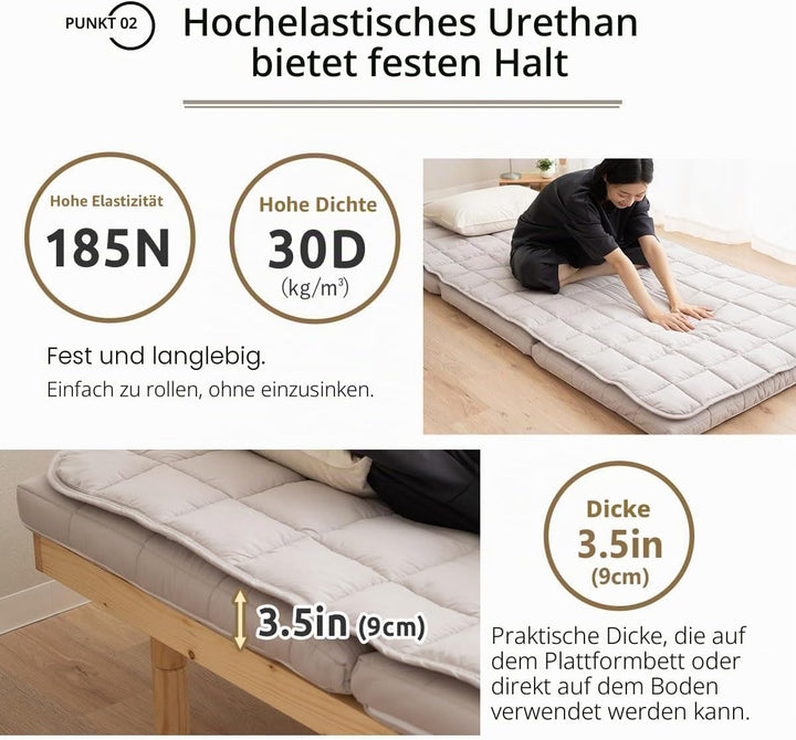 EMOOR Japanische Dreifach Gefaltete Futon-Matratze Machi mit Matratzenauflage 180 x 202 cm Grau, Zwi