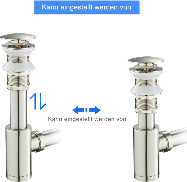 Edelstahl 1 1/4" x 32 mm Siphon Set für Waschbecken, Syphon Pop up Ablaufgarnitur ohne Überlauf Stöp