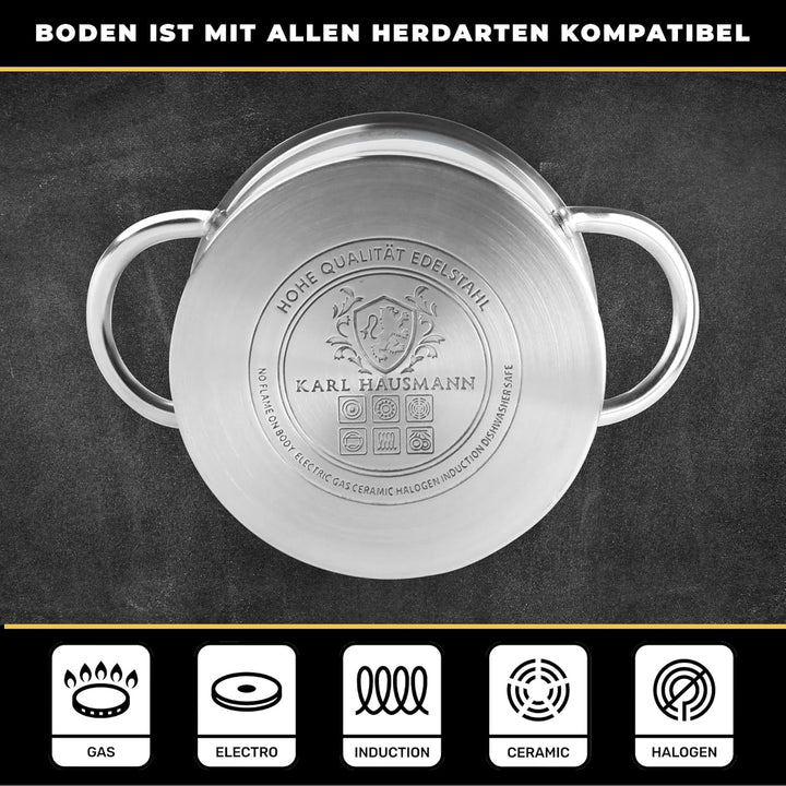 Topfset Induktion 4-teilig, Kochtopf Set mit Glasdeckel, Edelstahl mattiert, Induktions Töpfe Set un