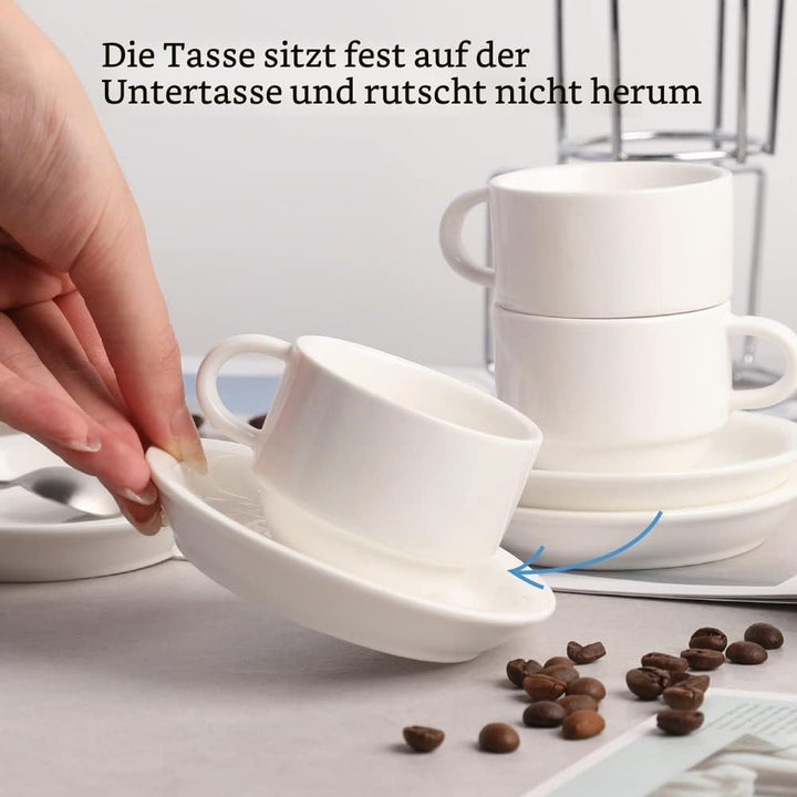 Sweejar Home Porzellan Espressotassen mit Untertassen, 70 ml stapelbare Cappuccinotassen mit Metalls