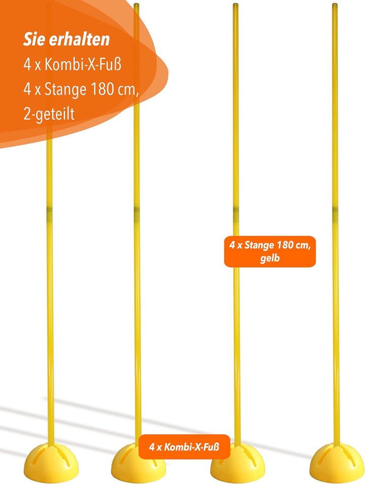 Kombi-X-Standfuss aus Kunststoff & Slalomstange 180 cm – 4er Set – befüllbarer Standfuss – Stange fü