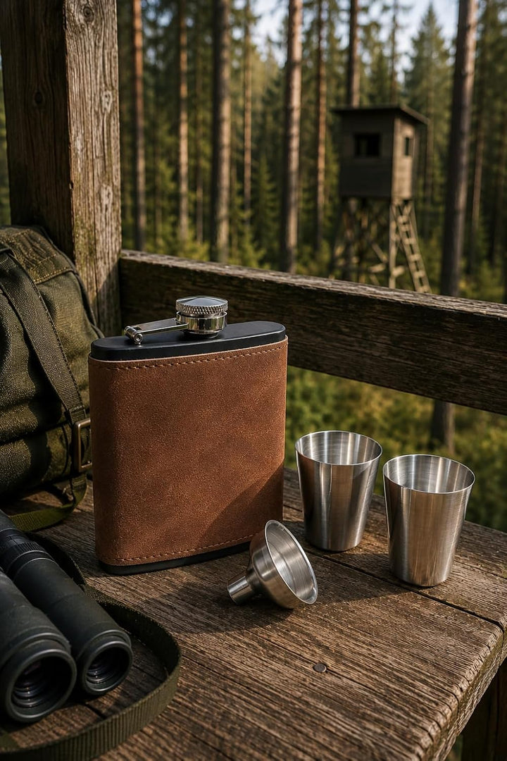 Flachmann-Set, Wild-Leder Optik, 175ml + 2 Schnaps-Becher, Trichter in Geschenk-Box