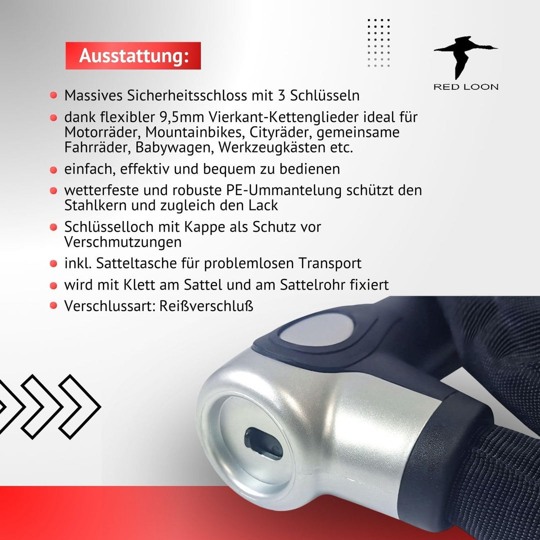 Fahrradschloss | ebike Kettenschloss | 150cm | Radschloss | Motorradschloss | Schloss für Fahrrad, e