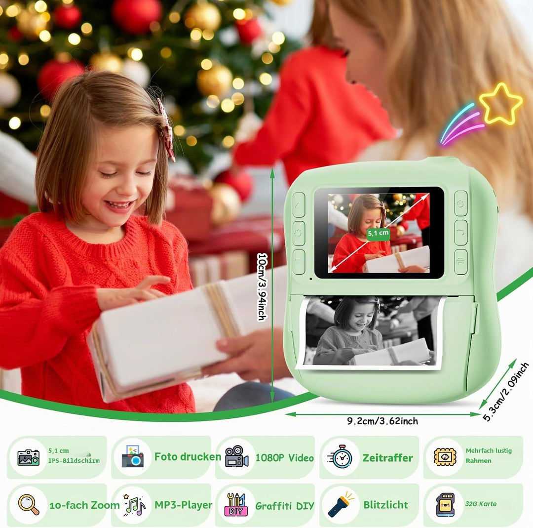 Hangrui Kinderkamera Sofortbildkamera, 14MP Sofortbildkamera Kinder mit 32G Karte & Druckpapier, 108