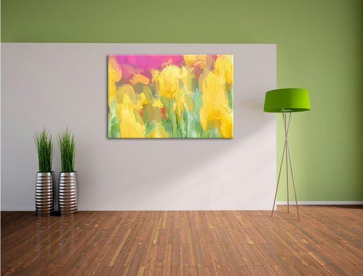 Pixxprint gelbe Tulpen im Frühling als Leinwandbild/Grösse: 100x70 cm/Wandbild/Kunstdruck/fertig bes