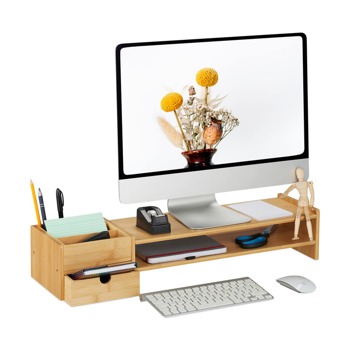 Relaxdays Monitorständer, Bambus, Schublade &amp; 5 Fächer, HxBxT: 13 x 70 x 19 cm, Bildschirmständer Sc